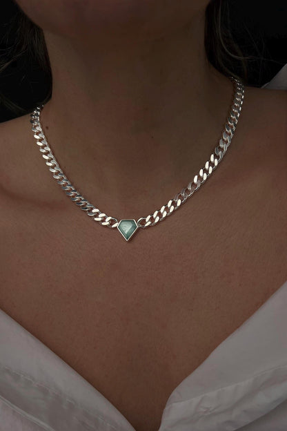 Solid silver Chain necklace diamond shape stone :aquamarine and morganite - KathyRossJewelry