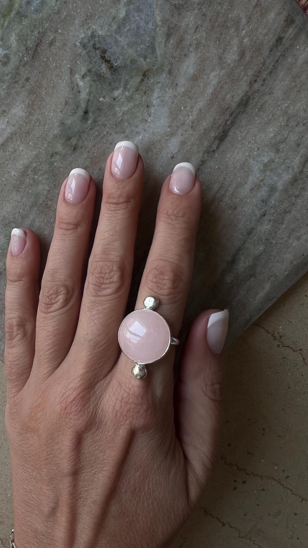 Rose Quartz sterling silver Silver Ring: Pink round crystal healing gift for her - KathyRossJewelry