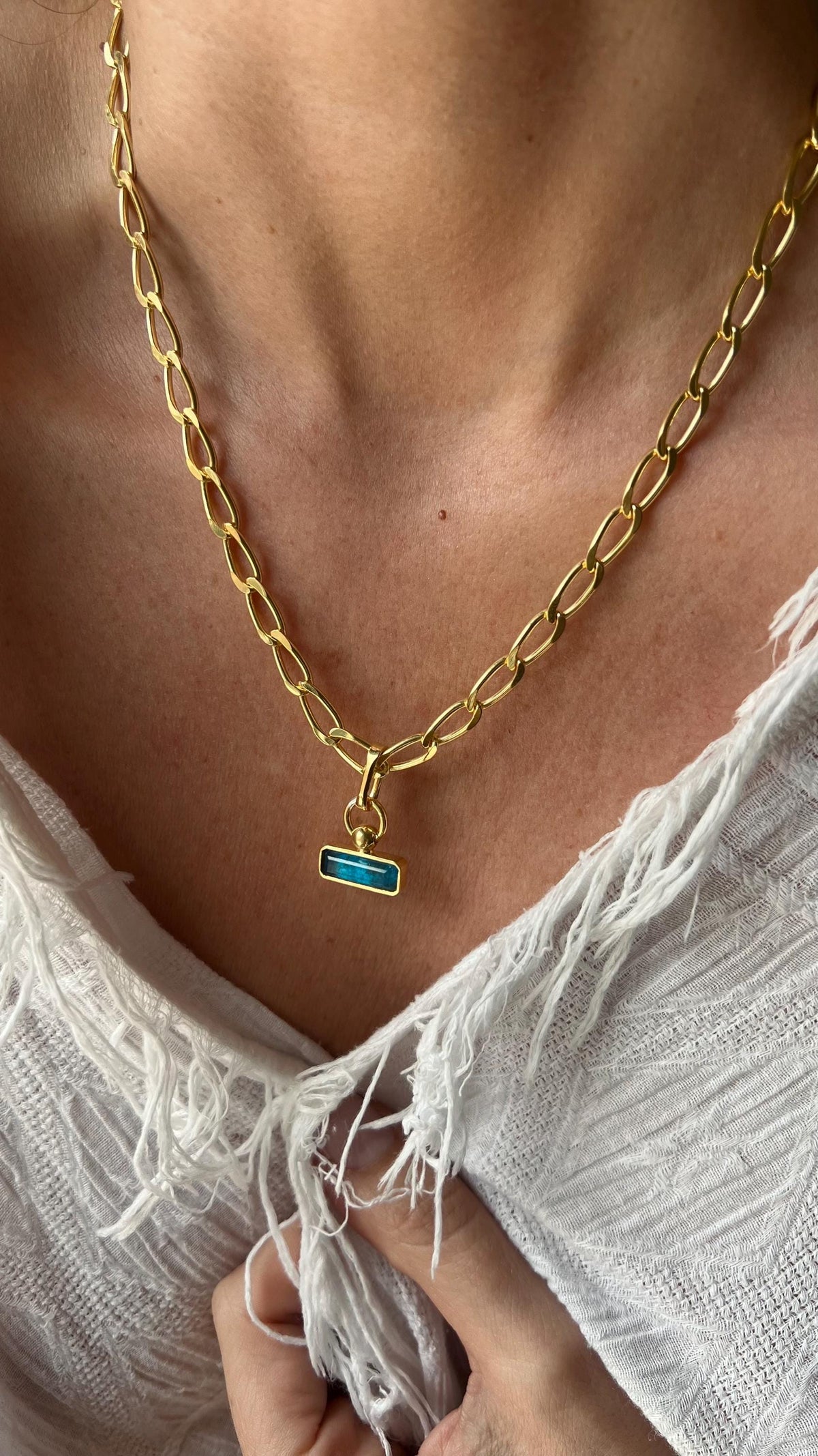 18k gold filled thick chain with rectangular charm necklace: solid sterling silver and aquamarine - KathyRossJewelry