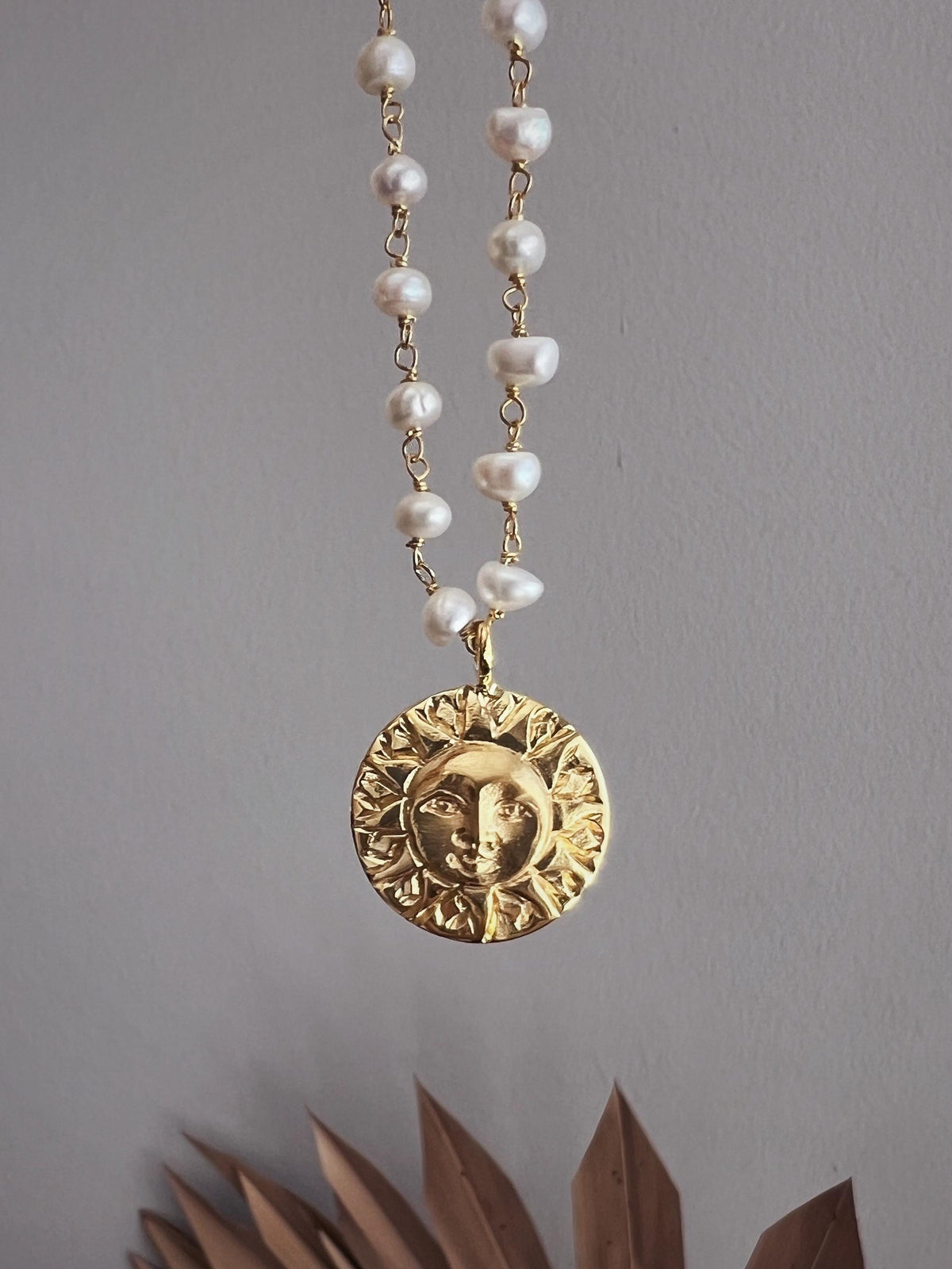 Pearl Rosary with gold sun charm necklace:18k gold filled on sterling silver 925 - KathyRossJewelry