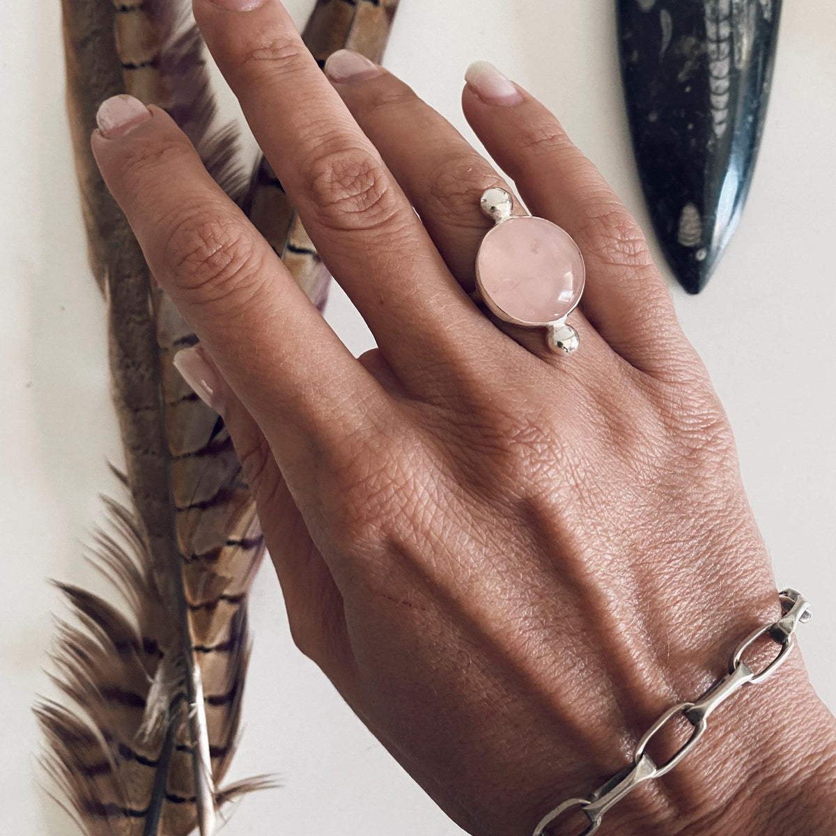 Rose Quartz sterling silver Silver Ring: Pink round crystal healing gift for her - KathyRossJewelry