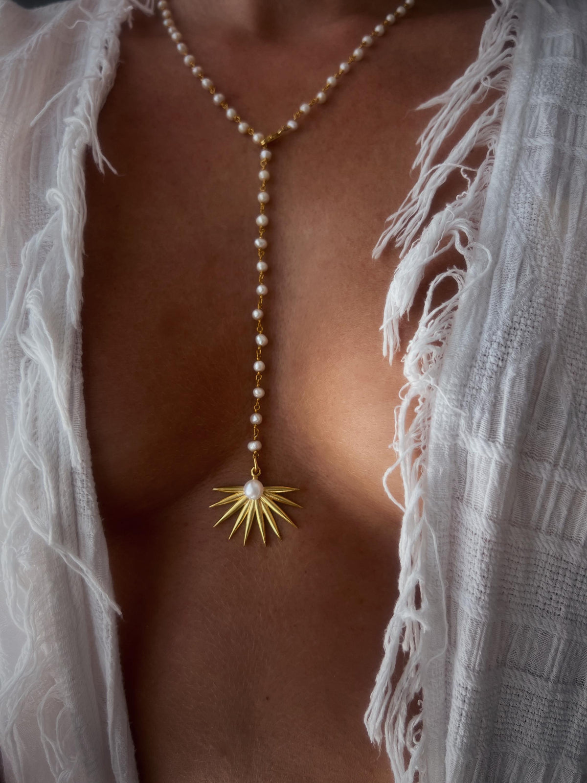 Lariat pearl rosary Necklace tropical leaf charm 18k golf filled on sterling silver 925 - KathyRossJewelry