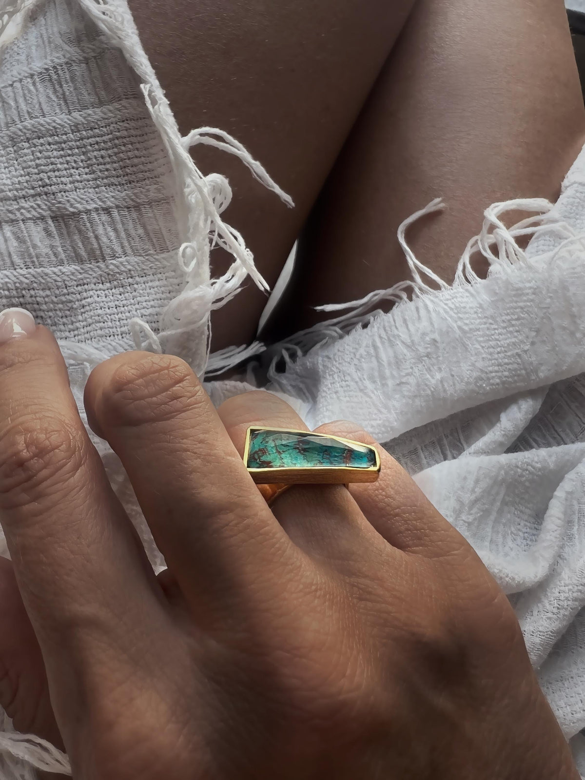 Gold Gemstone Ring: 18k gold filled on Sterling Silver, Chrysocolla & Quartz - KathyRossJewelry