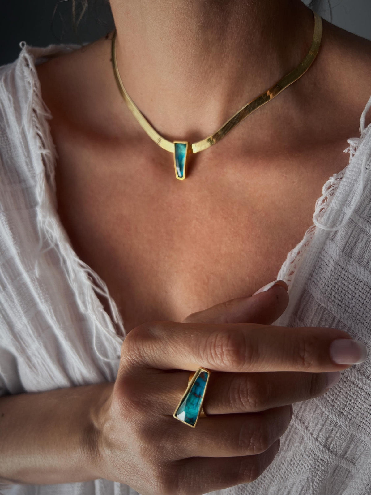 Gold Gemstone Ring: 18k gold filled on Sterling Silver, Chrysocolla & Quartz - KathyRossJewelry
