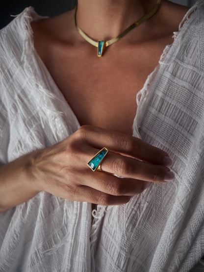 Gold Gemstone Ring: 18k gold filled on Sterling Silver, Chrysocolla & Quartz - KathyRossJewelry