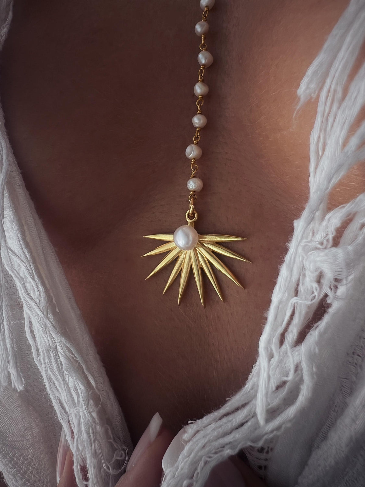 Lariat pearl rosary Necklace tropical leaf charm 18k golf filled on sterling silver 925 - KathyRossJewelry