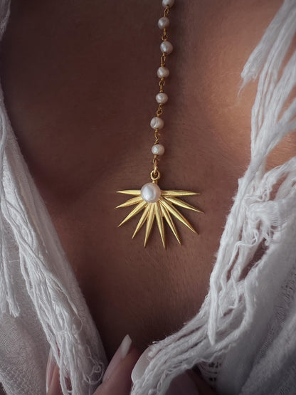 Lariat pearl rosary Necklace tropical leaf charm 18k golf filled on sterling silver 925 - KathyRossJewelry