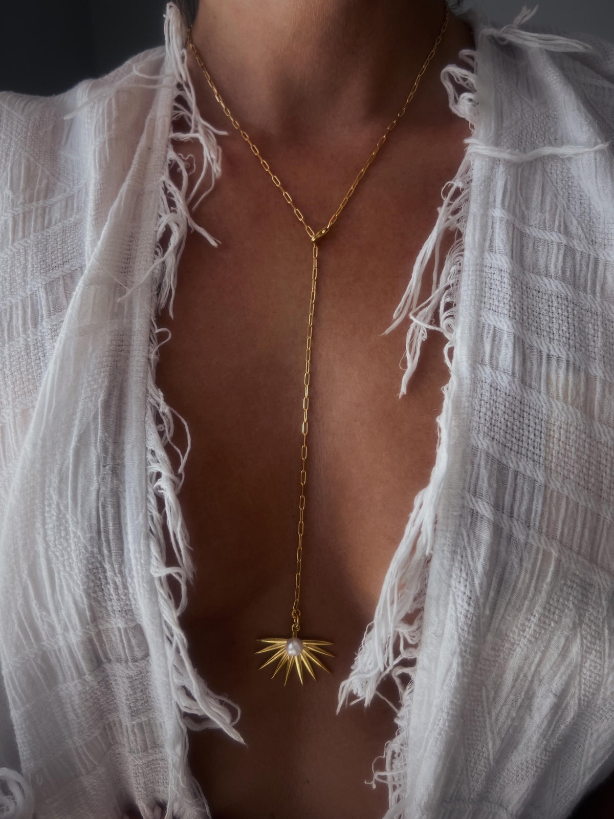 Lariat pearl rosary Necklace tropical leaf charm 18k golf filled on sterling silver 925 - KathyRossJewelry