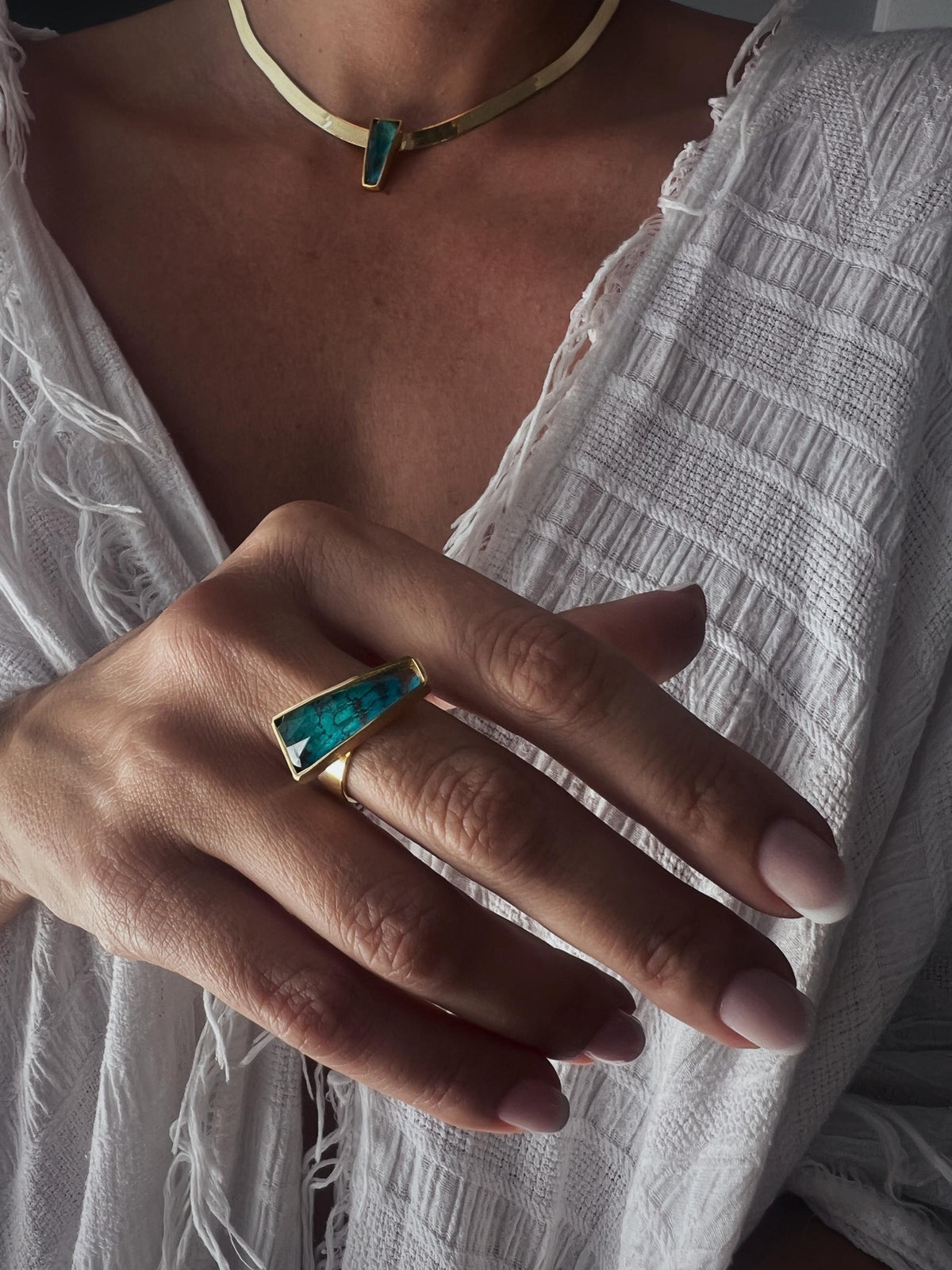 Gold Gemstone Ring: 18k gold filled on Sterling Silver, Chrysocolla & Quartz - KathyRossJewelry