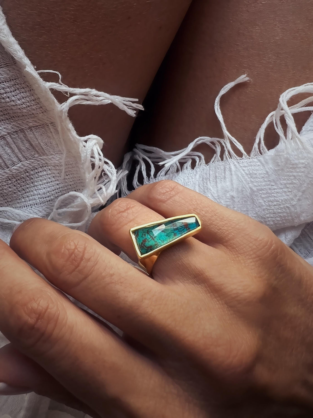 Gold Gemstone Ring: 18k gold filled on Sterling Silver, Chrysocolla & Quartz - KathyRossJewelry