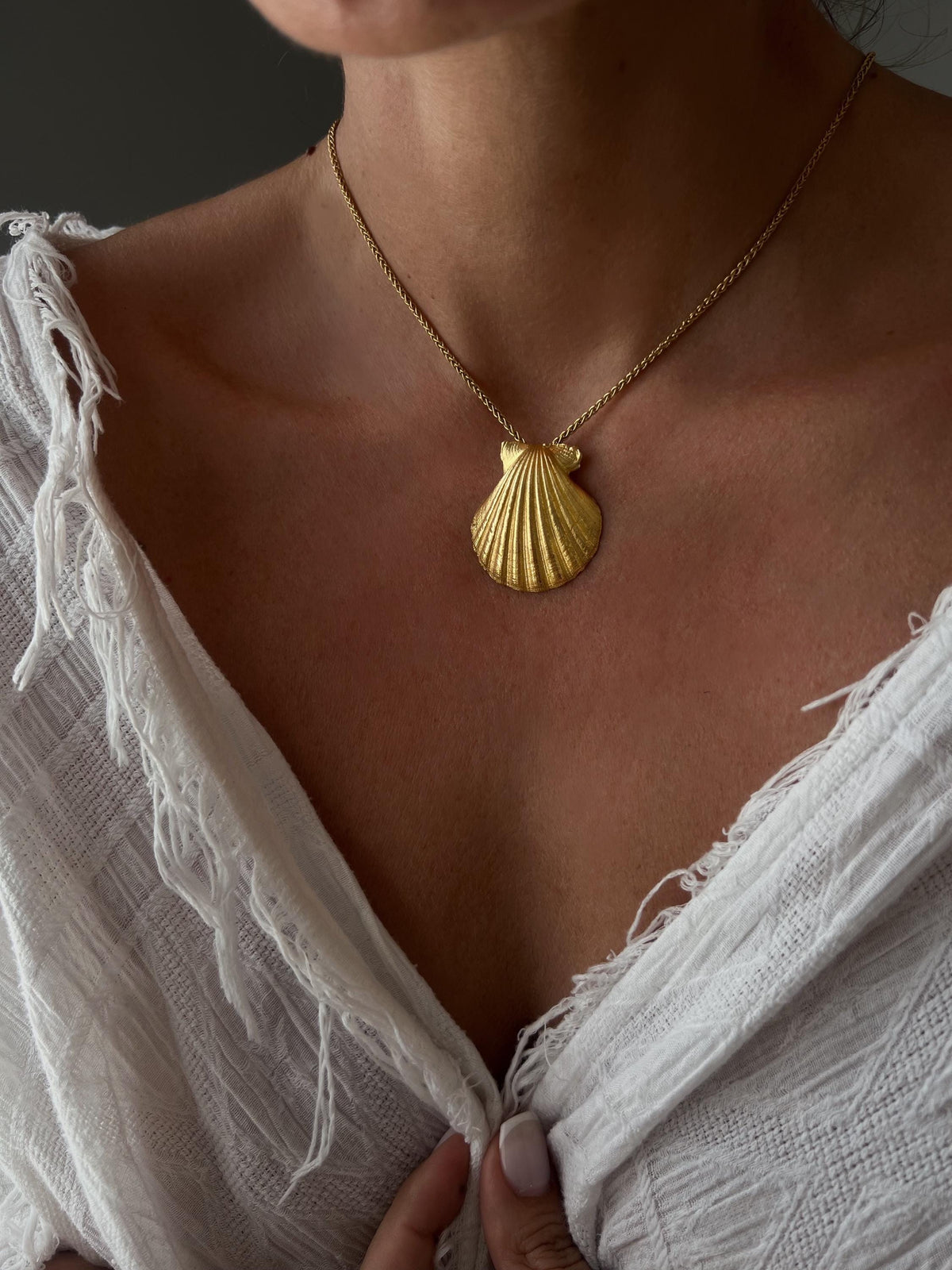 Gold Shell Necklace with Pearl : 18k gold filled on silver 925 pendant and chain - KathyRossJewelry