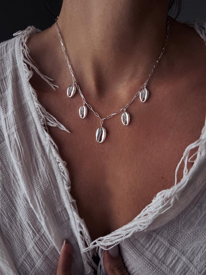 Silver 925 puka Shell Necklace: paperclip chain and multiple charms - KathyRossJewelry