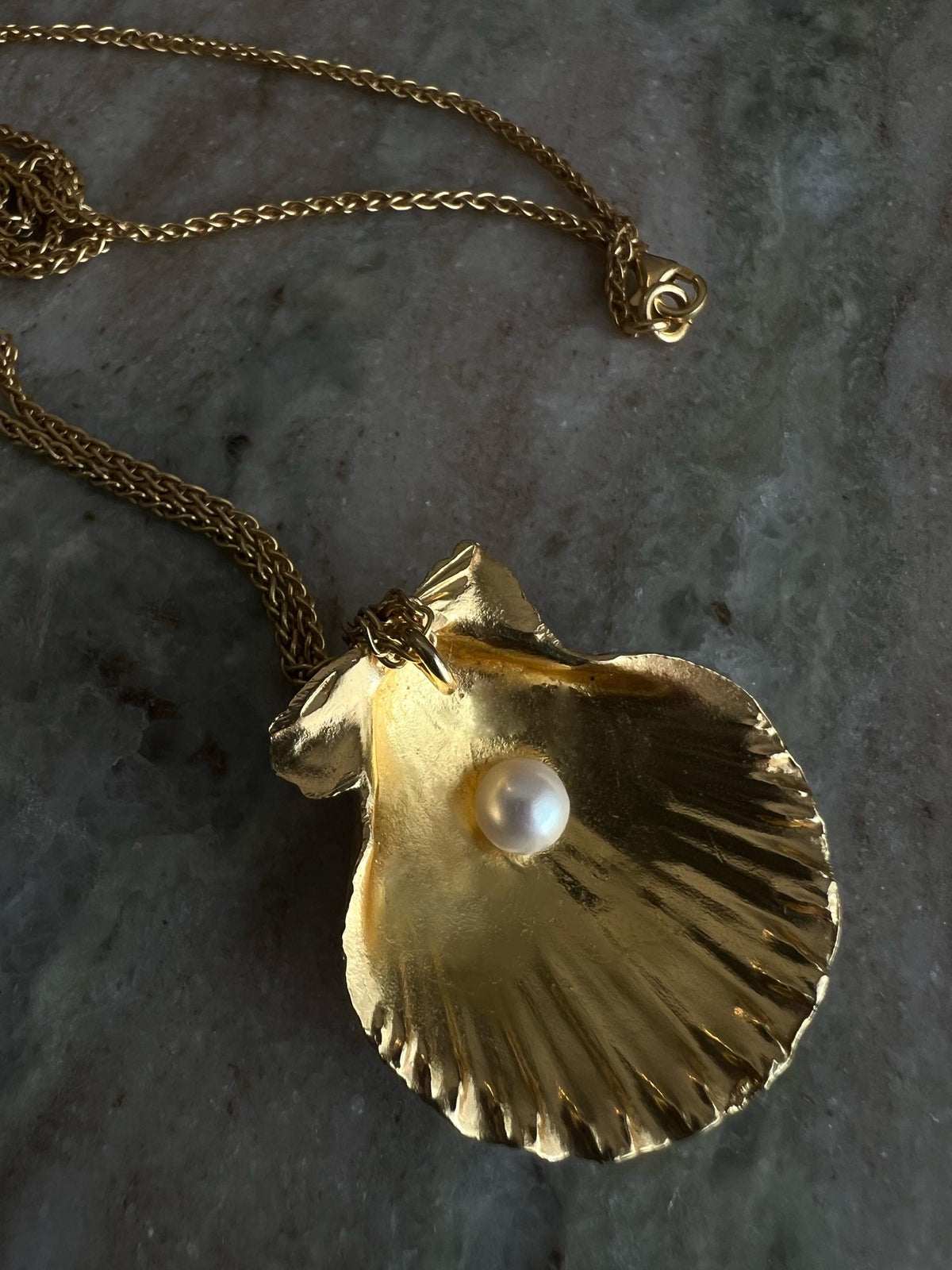 Gold Shell Necklace with Pearl : 18k gold filled on silver 925 pendant and chain - KathyRossJewelry