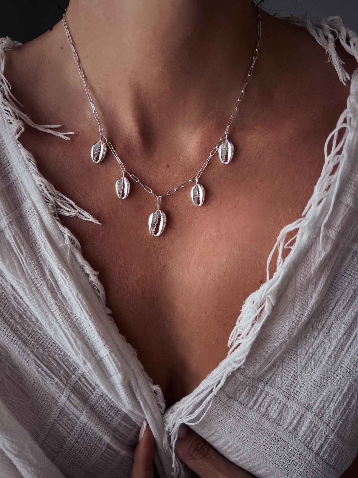 Silver 925 puka Shell Necklace: paperclip chain and multiple charms - KathyRossJewelry