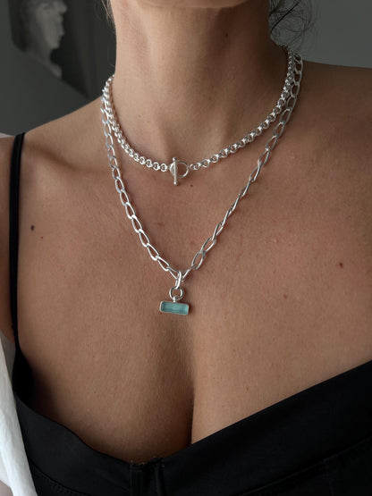 18k gold filled thick chain with rectangular charm necklace: solid sterling silver and aquamarine - KathyRossJewelry