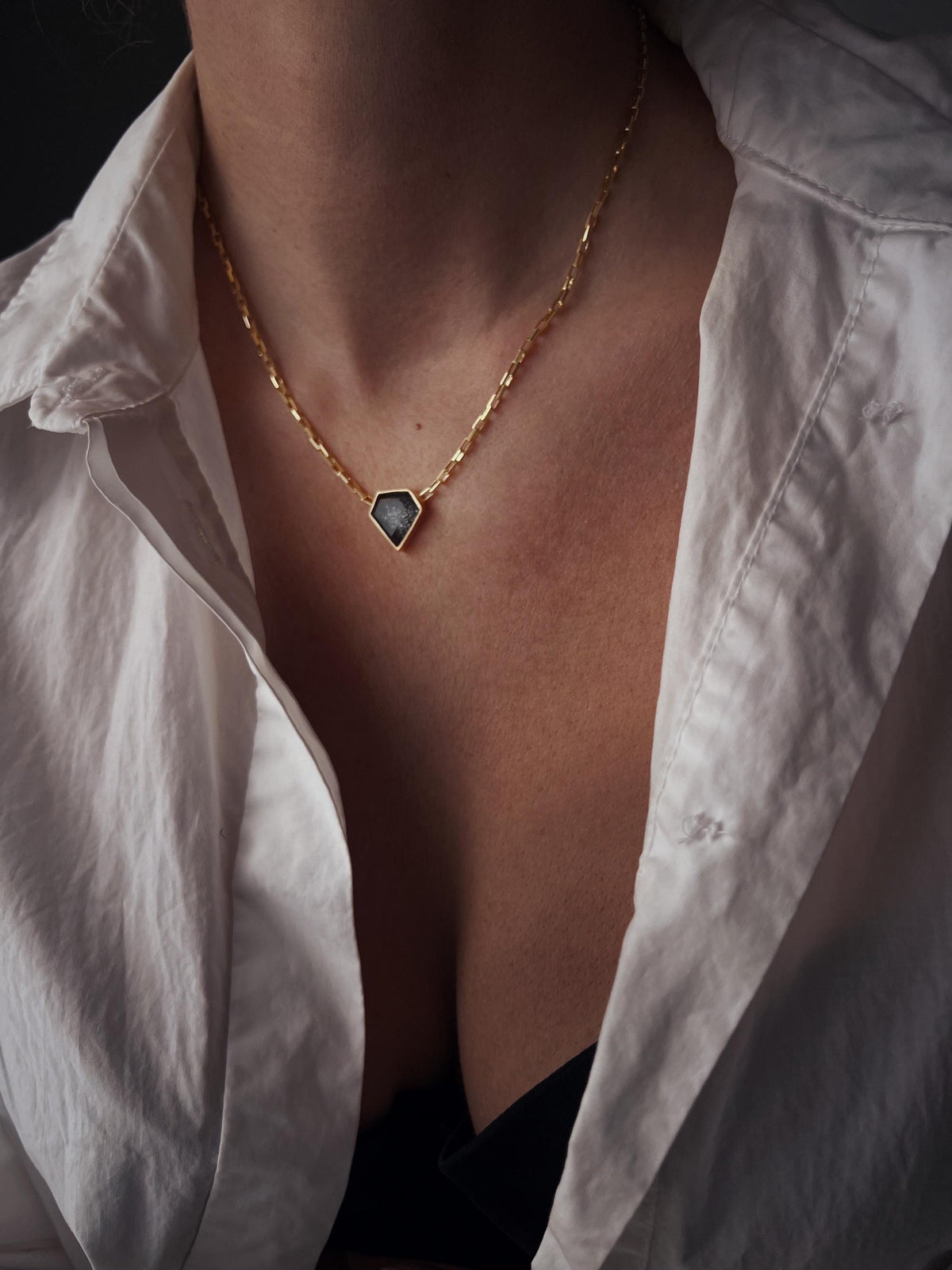 Gold filled solid silver chain necklace with Black Diamond shape gemstone - KathyRossJewelry