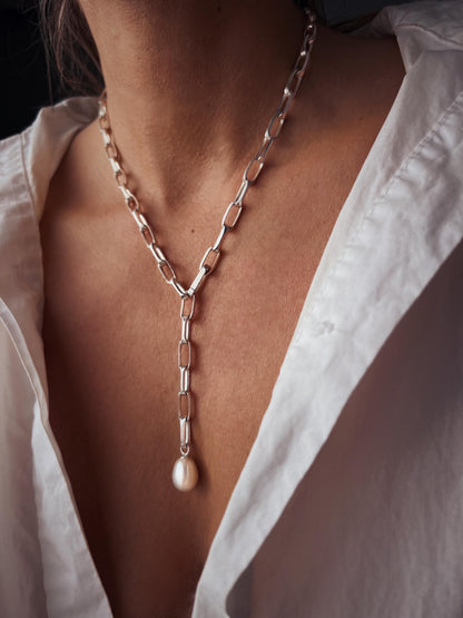 Silver paperclip lariat necklace chain with pearl: solid 925 natural white pearl - KathyRossJewelry