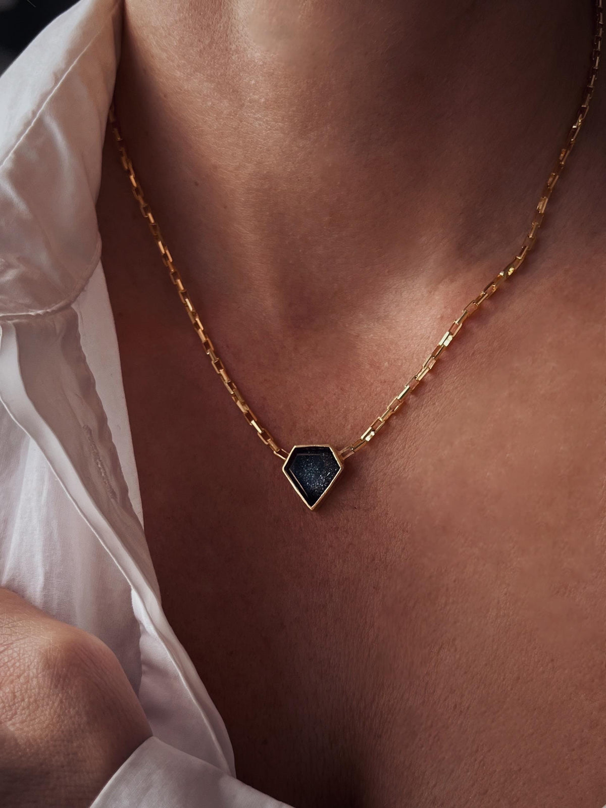 Gold filled solid silver chain necklace with Black Diamond shape gemstone - KathyRossJewelry