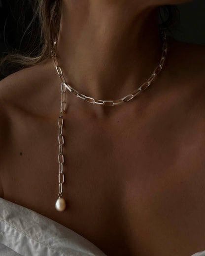 Silver paperclip lariat necklace chain with pearl: solid 925 natural white pearl - KathyRossJewelry
