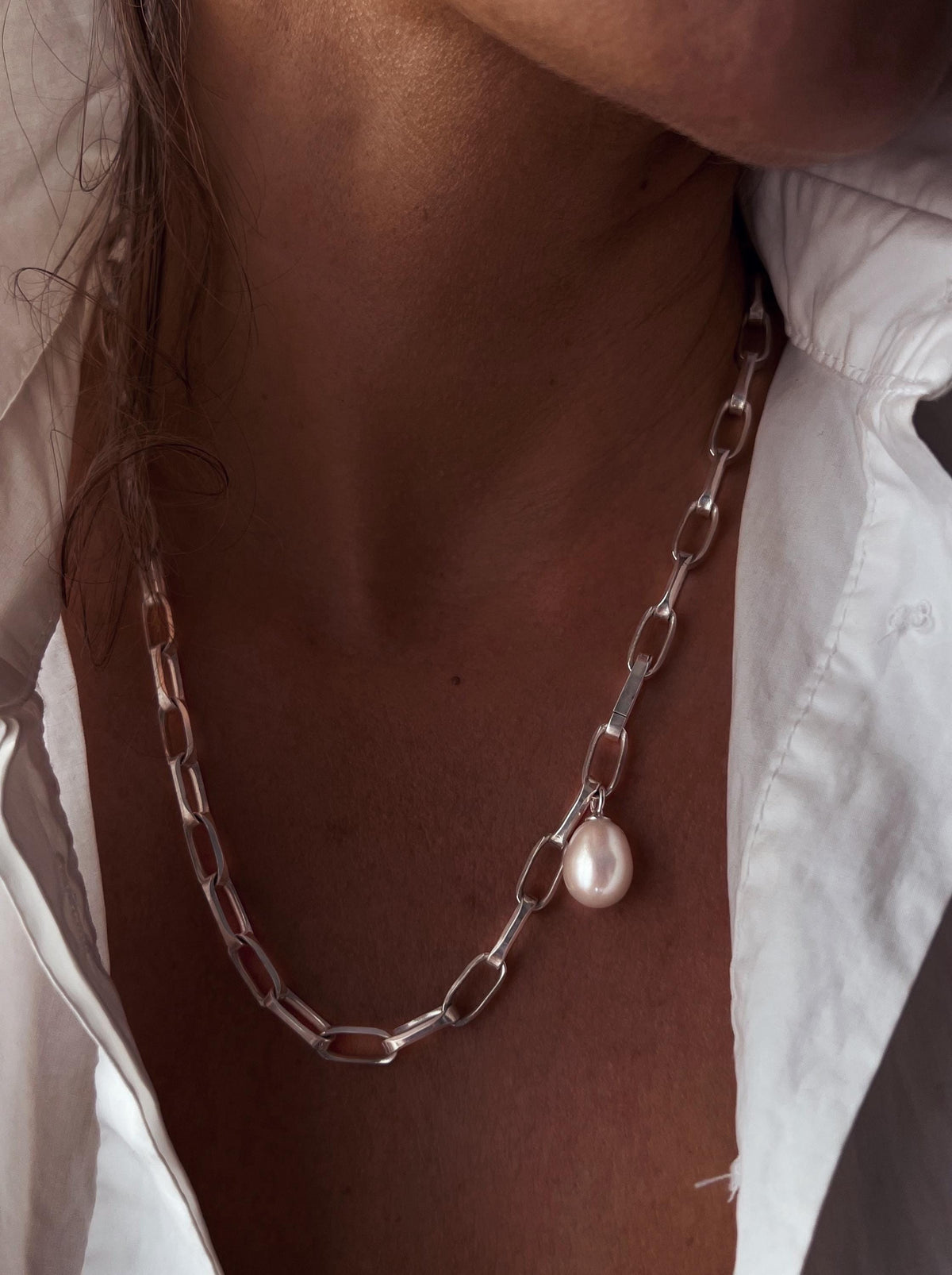Silver paperclip lariat necklace chain with pearl: solid 925 natural white pearl - KathyRossJewelry