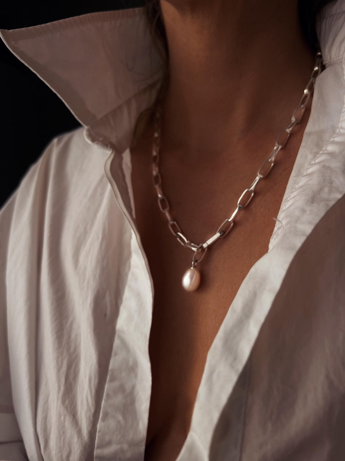 Silver paperclip lariat necklace chain with pearl: solid 925 natural white pearl - KathyRossJewelry