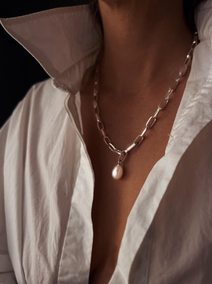 Silver paperclip lariat necklace chain with pearl: solid 925 natural white pearl - KathyRossJewelry
