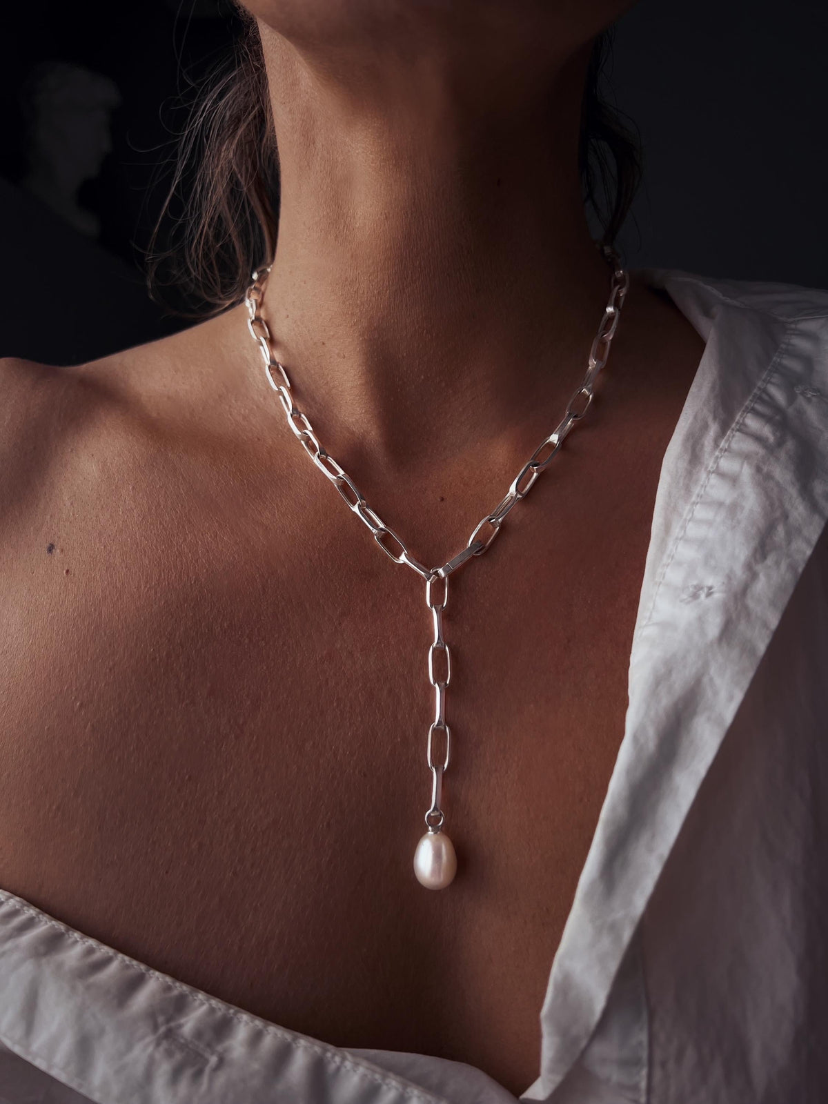 Silver paperclip lariat necklace chain with pearl: solid 925 natural white pearl - KathyRossJewelry
