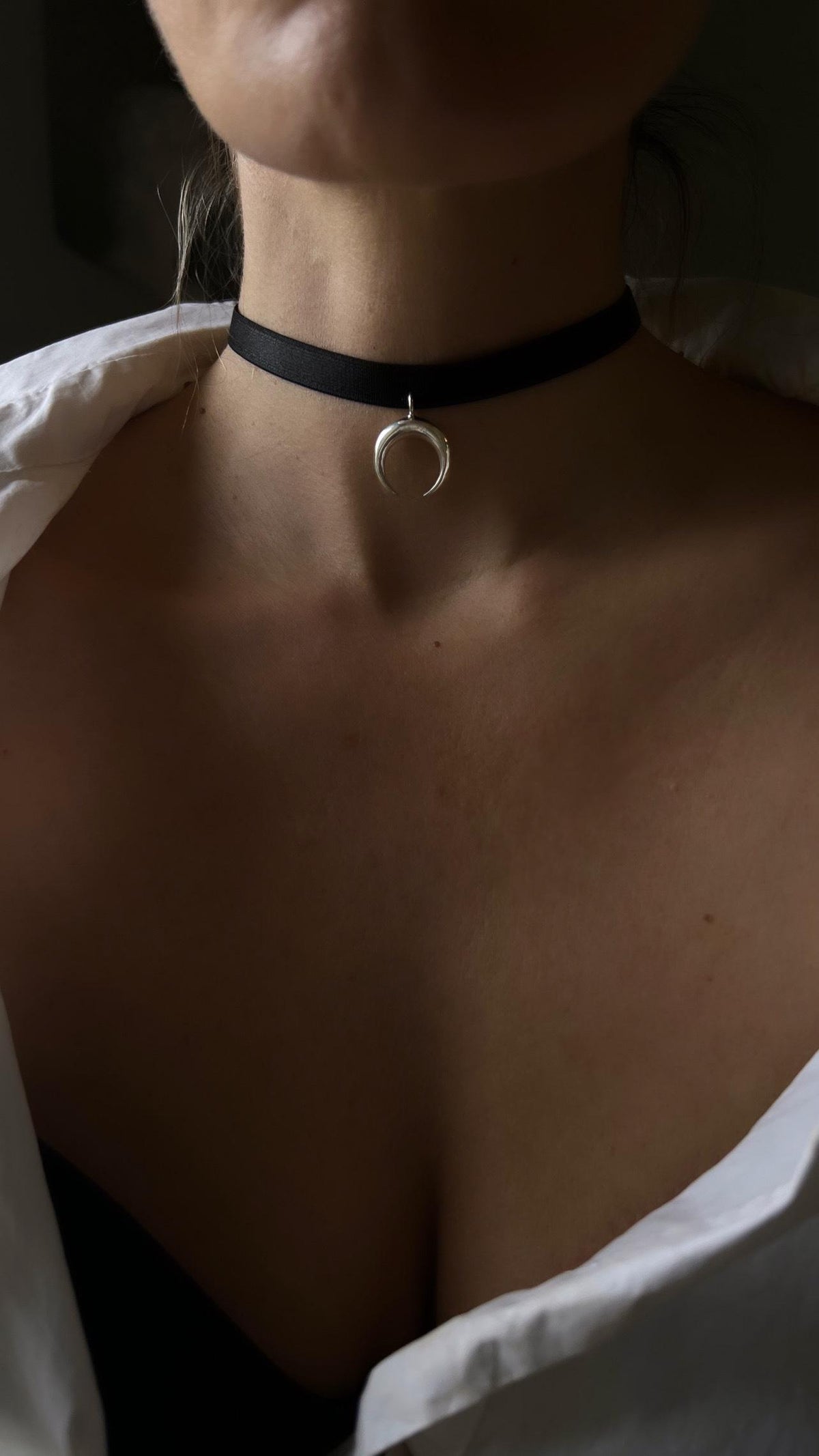 Sterling Silver Moon Choker: Black Velvet Ribbon Necklace - KathyRossJewelry