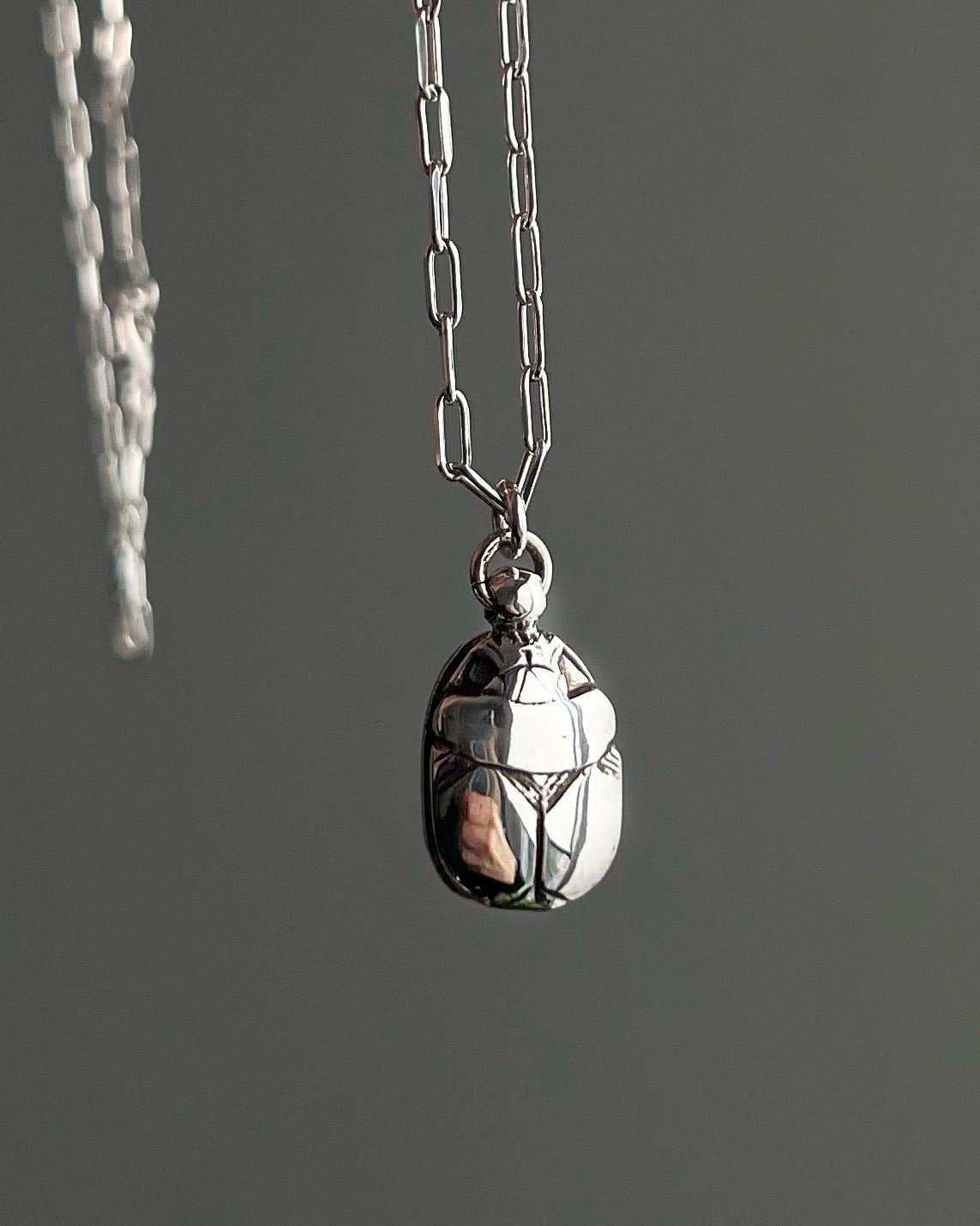 Solid sterling Silver Egyptian Scarab charm Necklace , Protection Amulet Gift - KathyRossJewelry