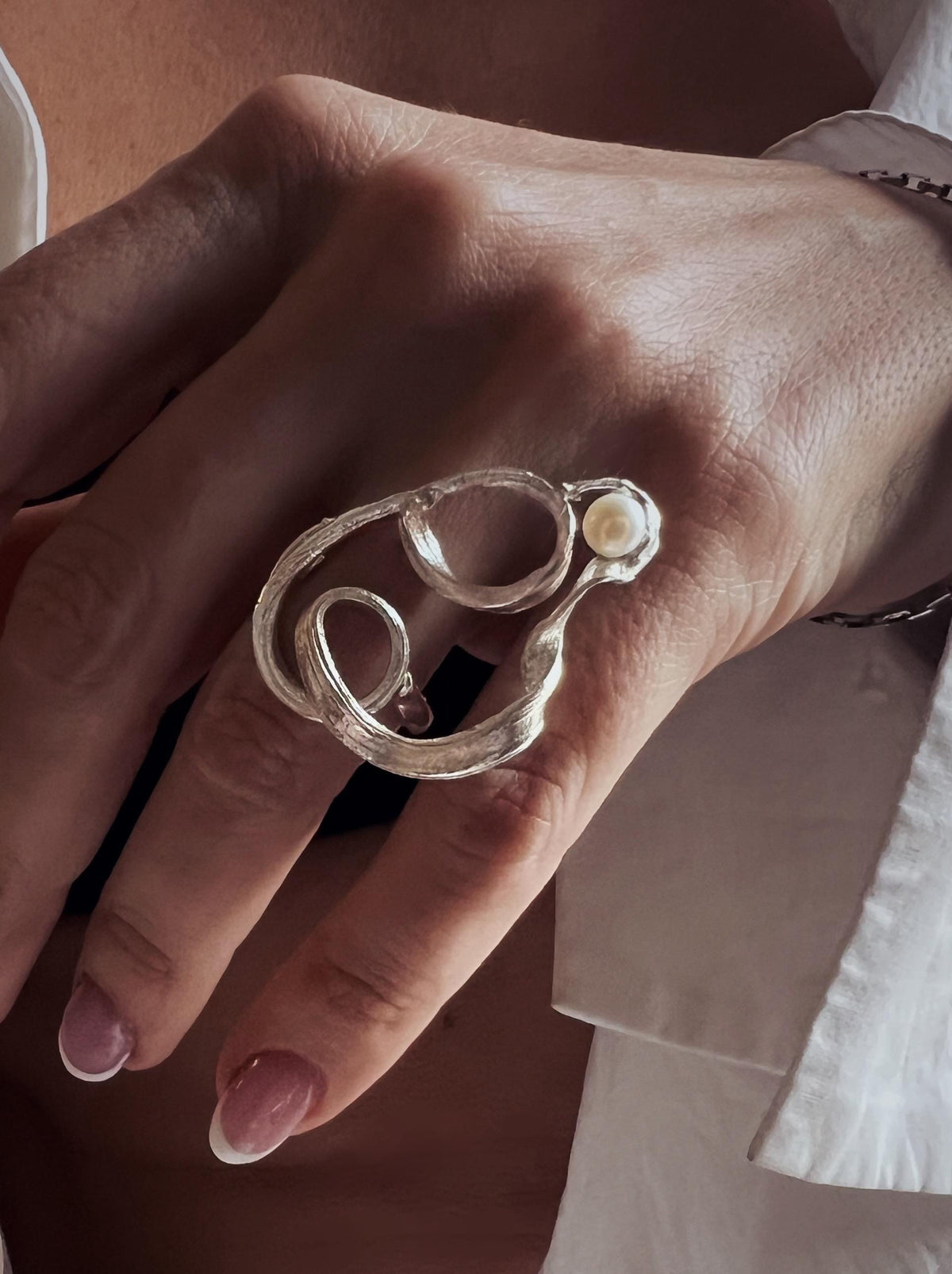Sculptural Sterling silver and natural fine pearls ring - KathyRossJewelry