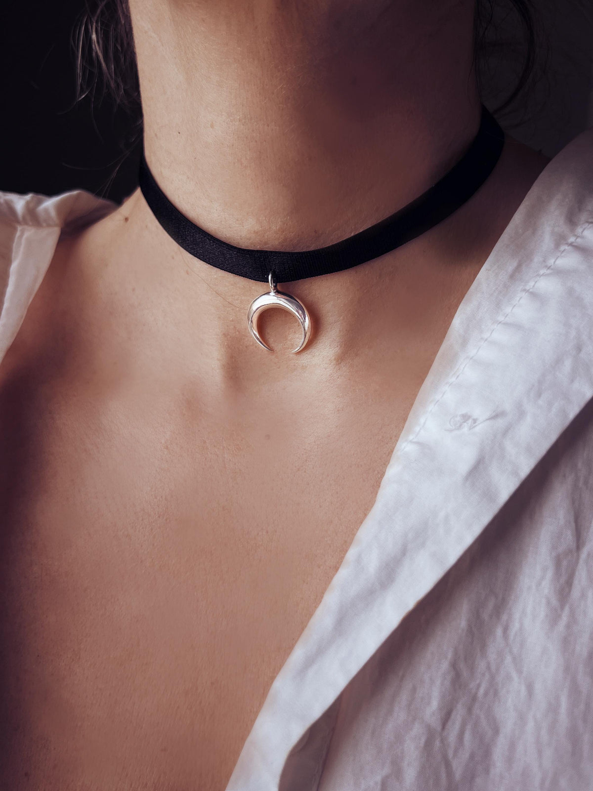 Sterling Silver Moon Choker: Black Velvet Ribbon Necklace - KathyRossJewelry