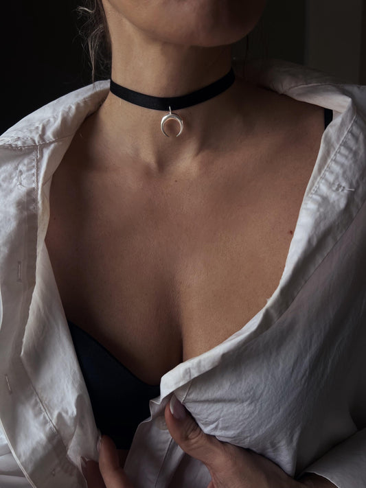 Sterling Silver Moon Choker: Black Velvet Ribbon Necklace - KathyRossJewelry