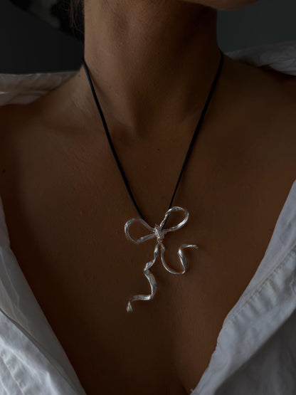 Sterling Silver 925 bow necklace on black cord - KathyRossJewelry