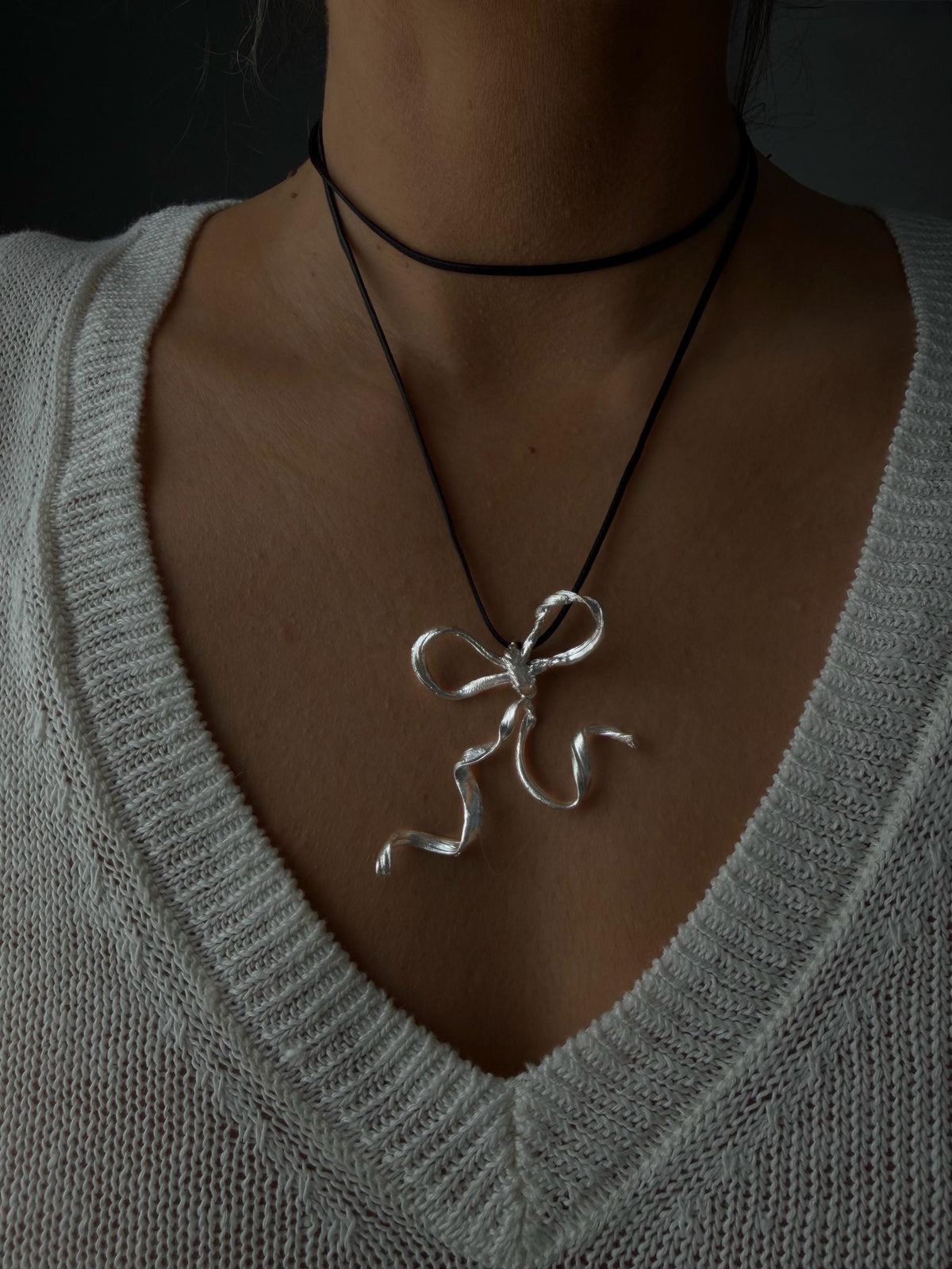 Sterling Silver 925 bow necklace on black cord - KathyRossJewelry