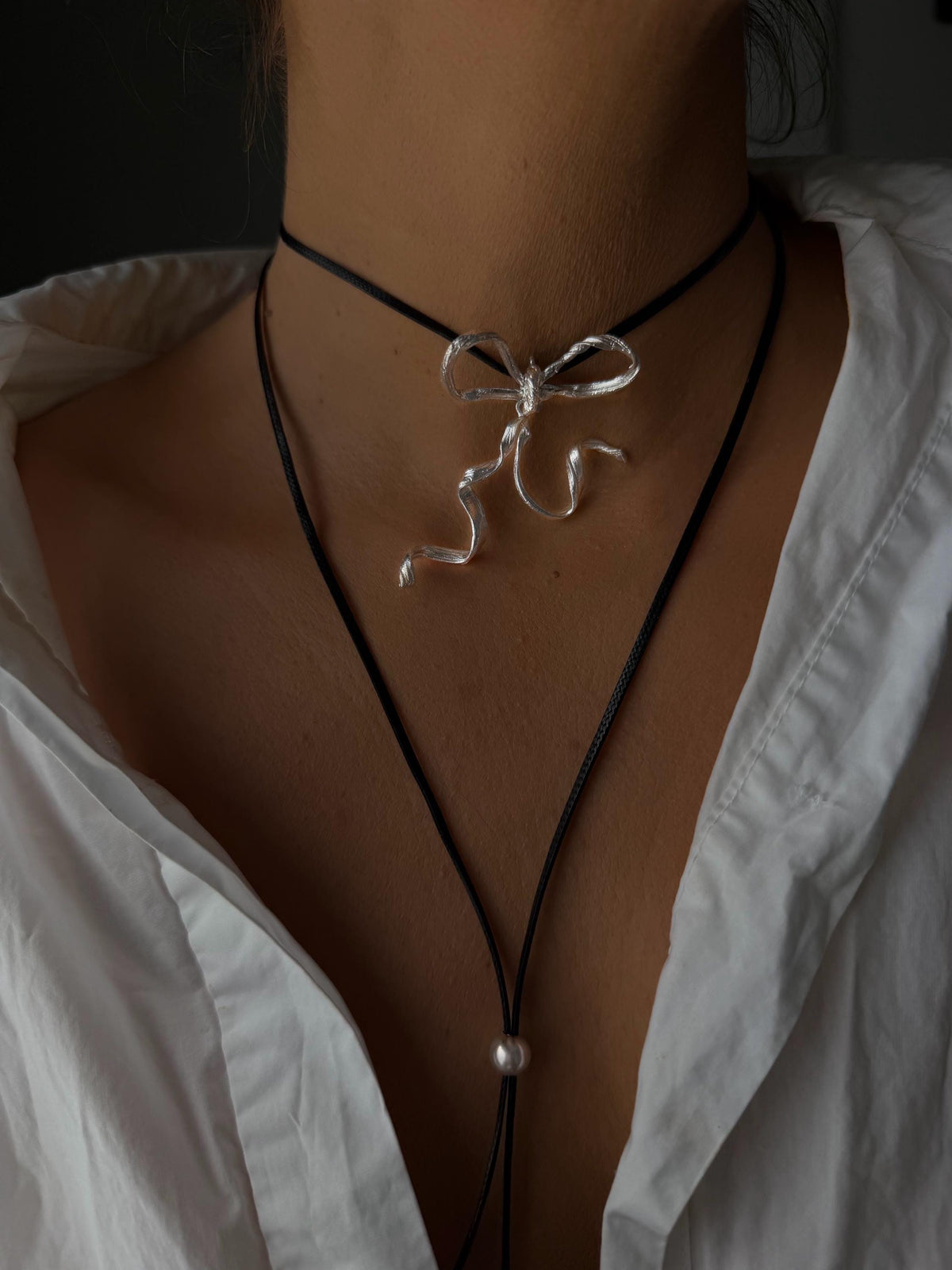 Sterling Silver 925 bow necklace on black cord - KathyRossJewelry