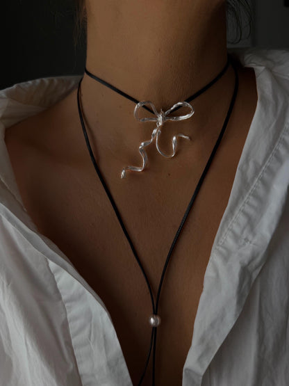 Sterling Silver 925 bow necklace on black cord - KathyRossJewelry
