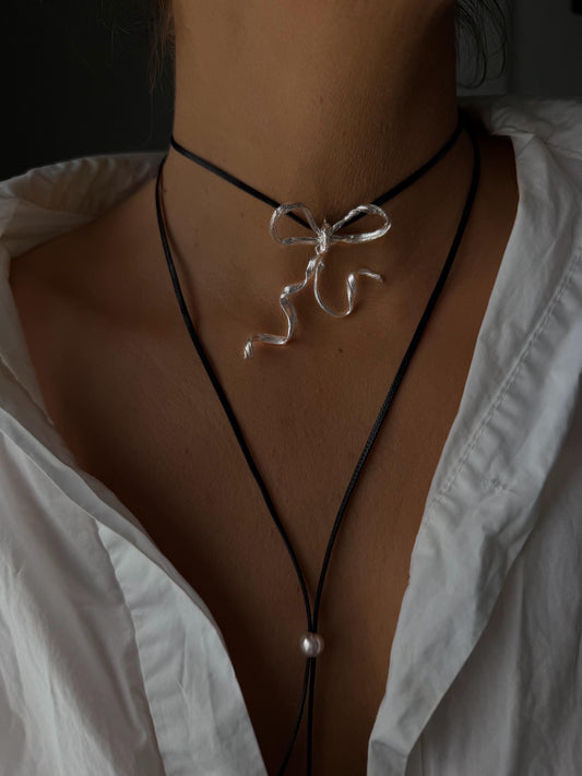 Sterling Silver 925 bow necklace on black cord - KathyRossJewelry