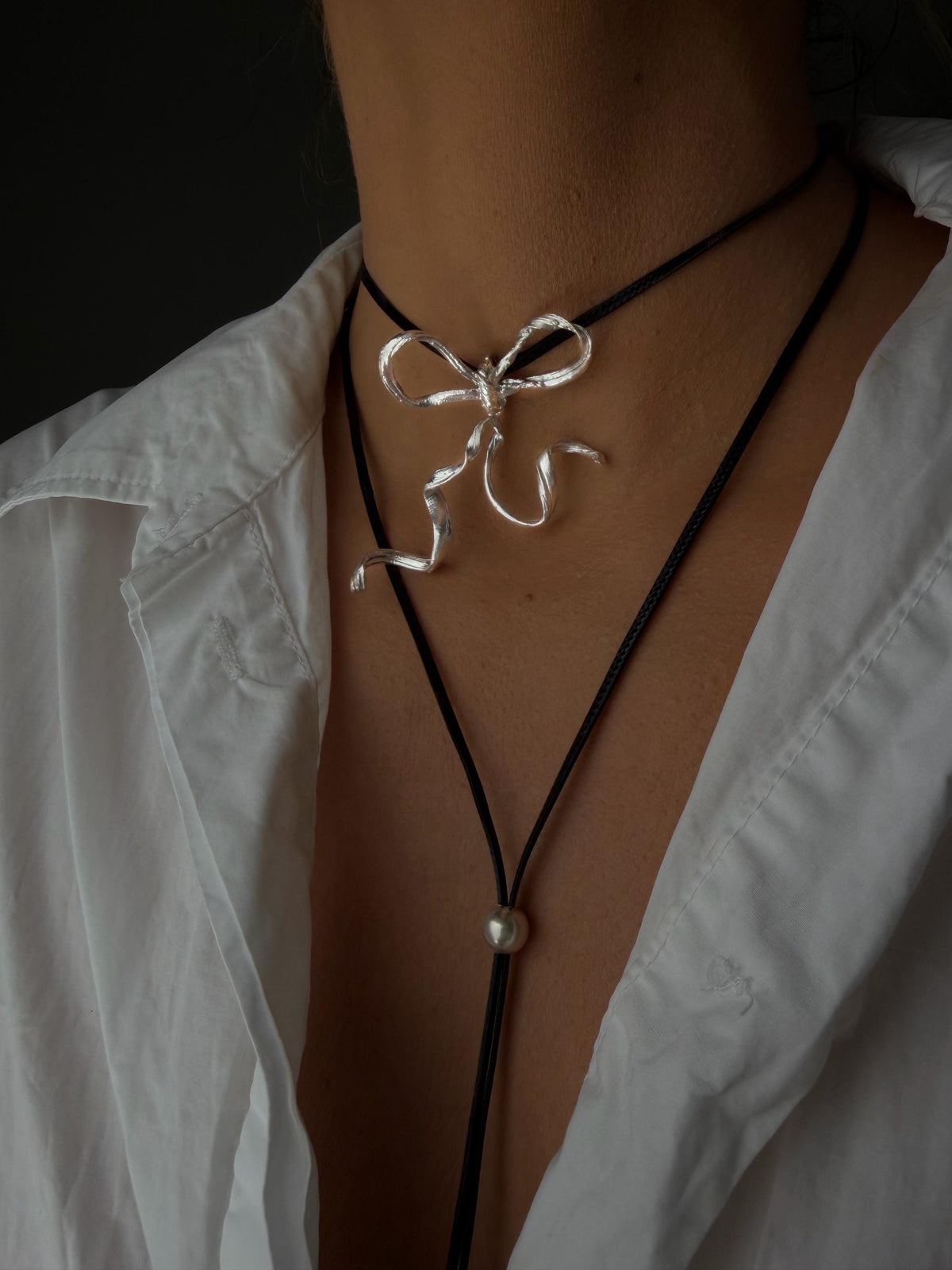 Sterling Silver 925 bow necklace on black cord - KathyRossJewelry