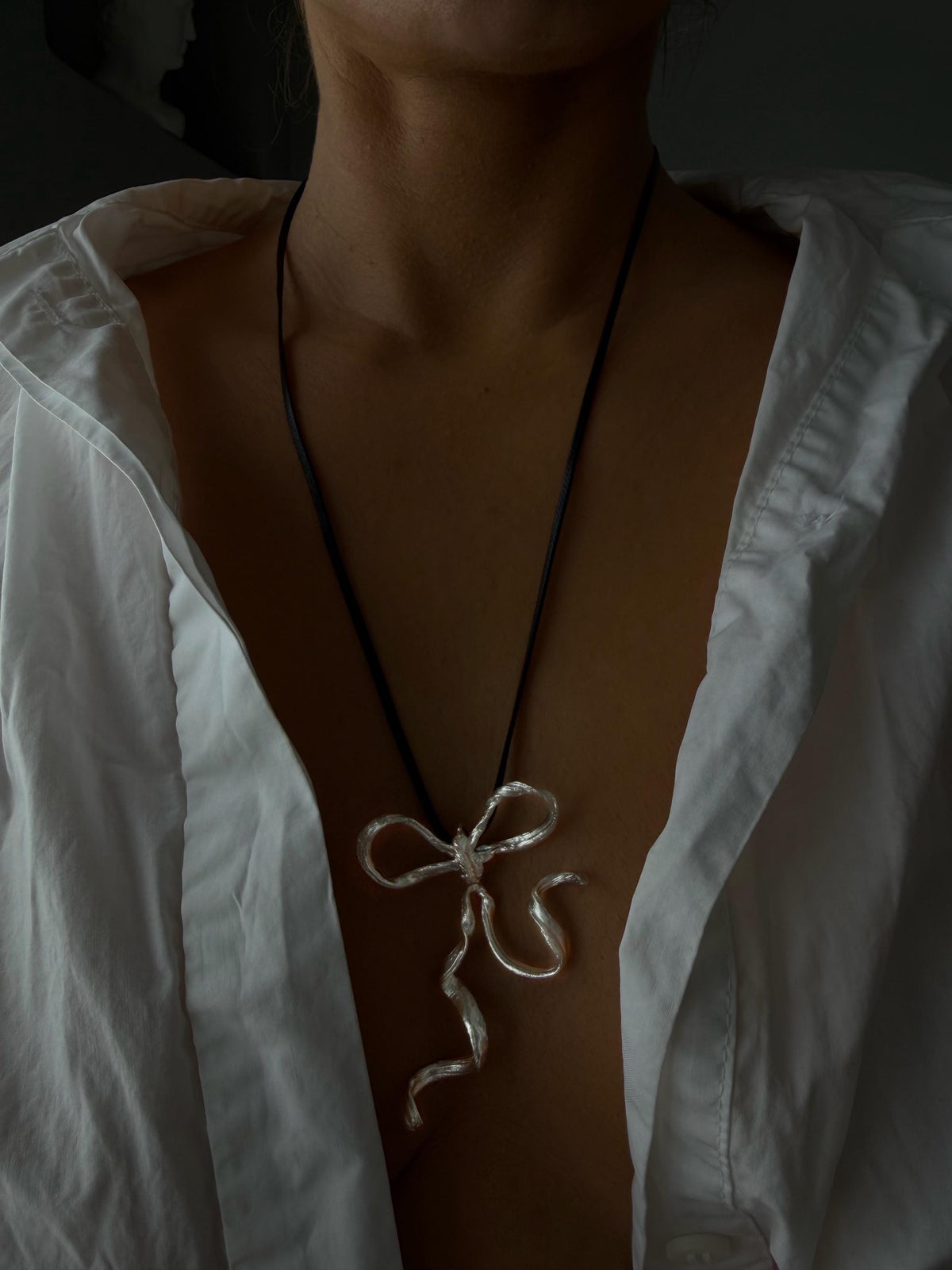 Sterling Silver 925 bow necklace on black cord - KathyRossJewelry
