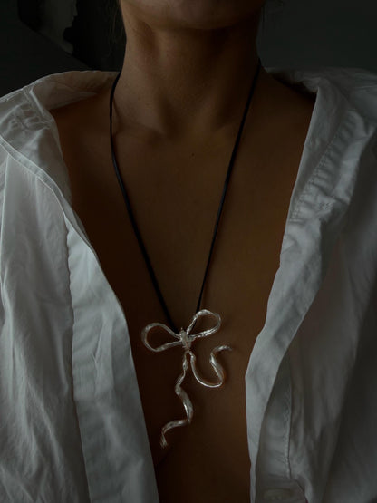 Sterling Silver 925 bow necklace on black cord - KathyRossJewelry
