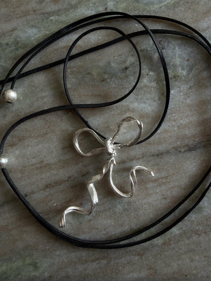 Sterling Silver 925 bow necklace on black cord - KathyRossJewelry