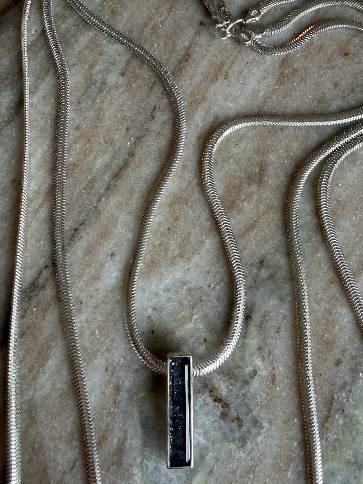 Silver Multi-Chain Necklace: Bar Pendant, Snake Chain, Precious gemstone - KathyRossJewelry