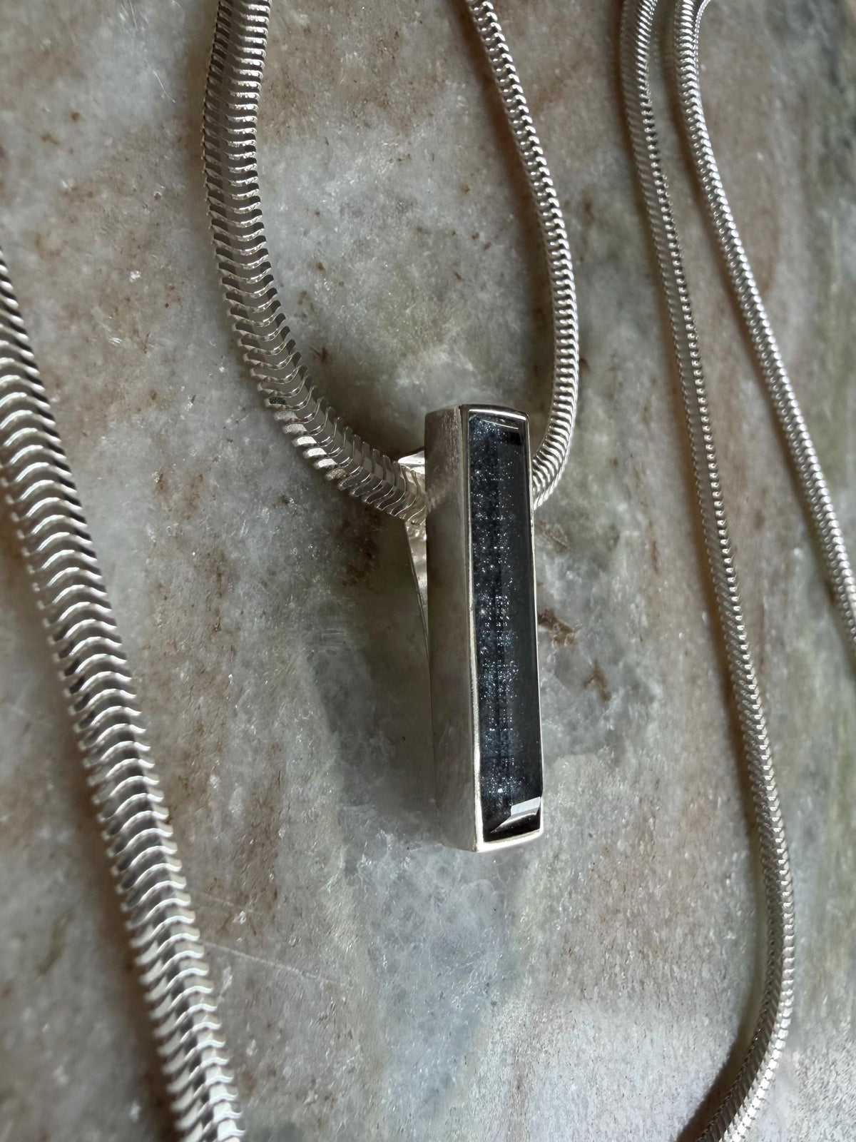 Silver Multi-Chain Necklace: Bar Pendant, Snake Chain, Precious gemstone - KathyRossJewelry