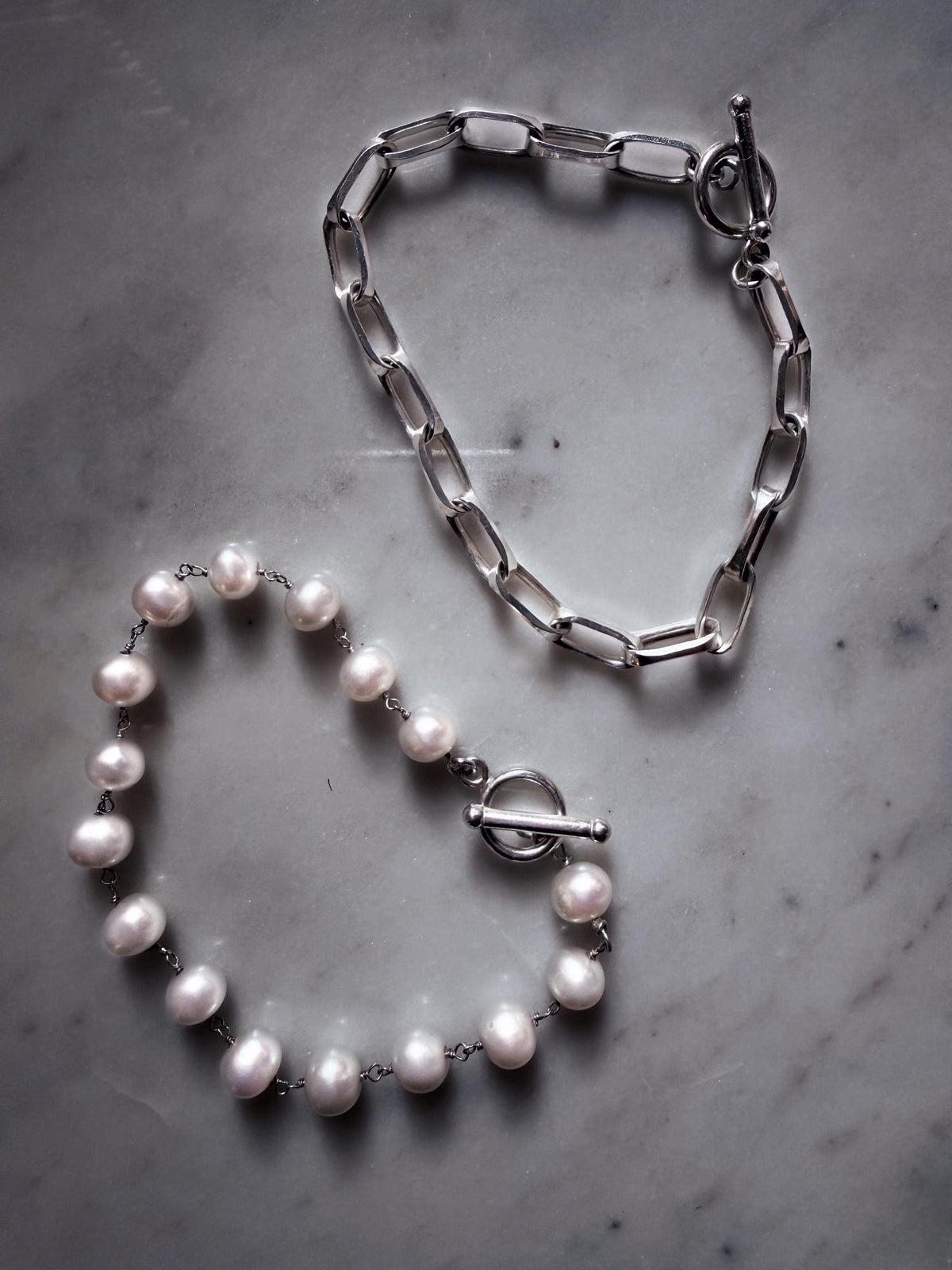 Pearl necklace with silver chain t bar clasps - KathyRossJewelry