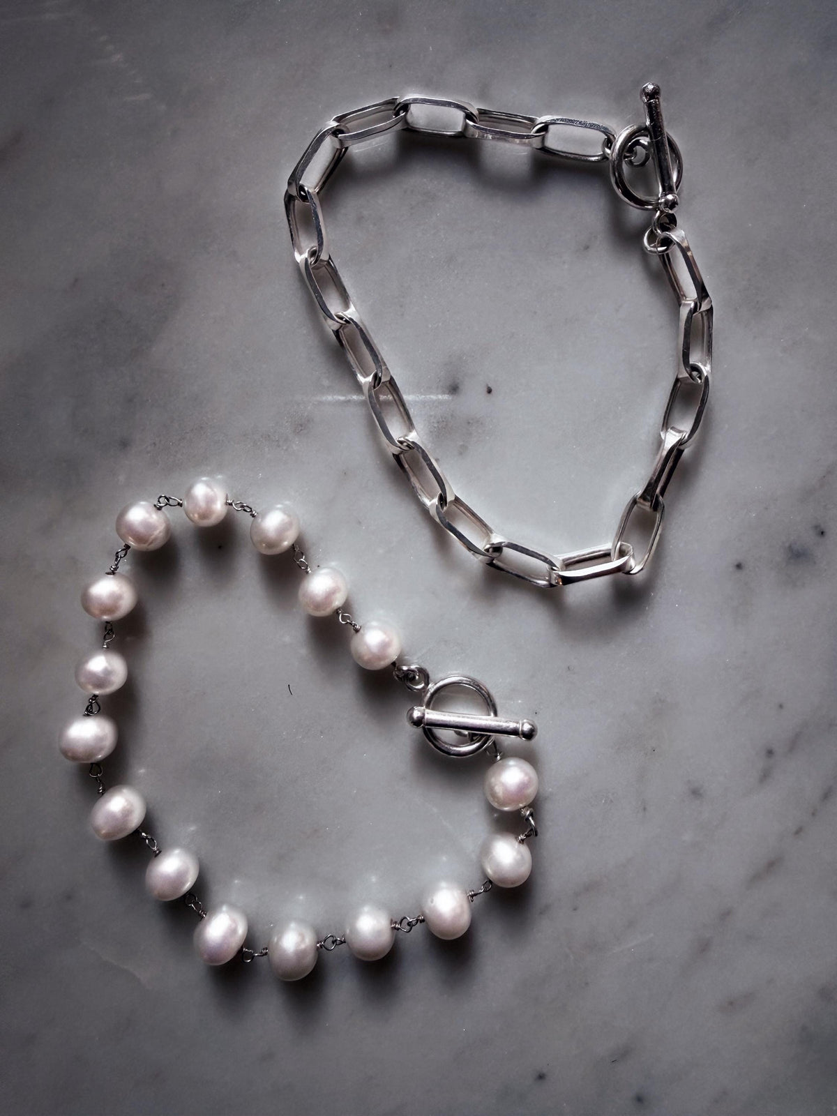 Silver bracelets and necklace with pearls : solid paperclip link chain and rosary - KathyRossJewelry