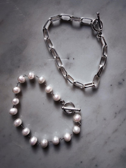 Silver bracelets and necklace with pearls : solid paperclip link chain and rosary - KathyRossJewelry