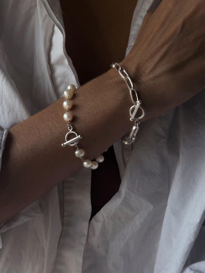 Silver necklace and bracelets with pearls : solid paperclip chain and rosary - KathyRossJewelry
