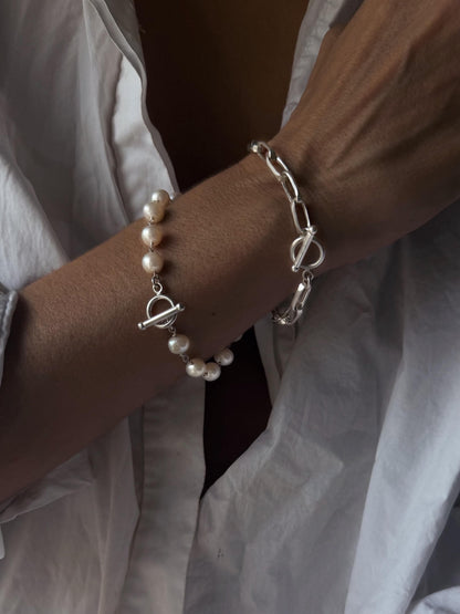 Pearl necklace with silver chain t bar clasps - KathyRossJewelry