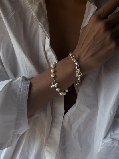 Silver necklace and bracelets with pearls : solid paperclip chain and rosary - KathyRossJewelry