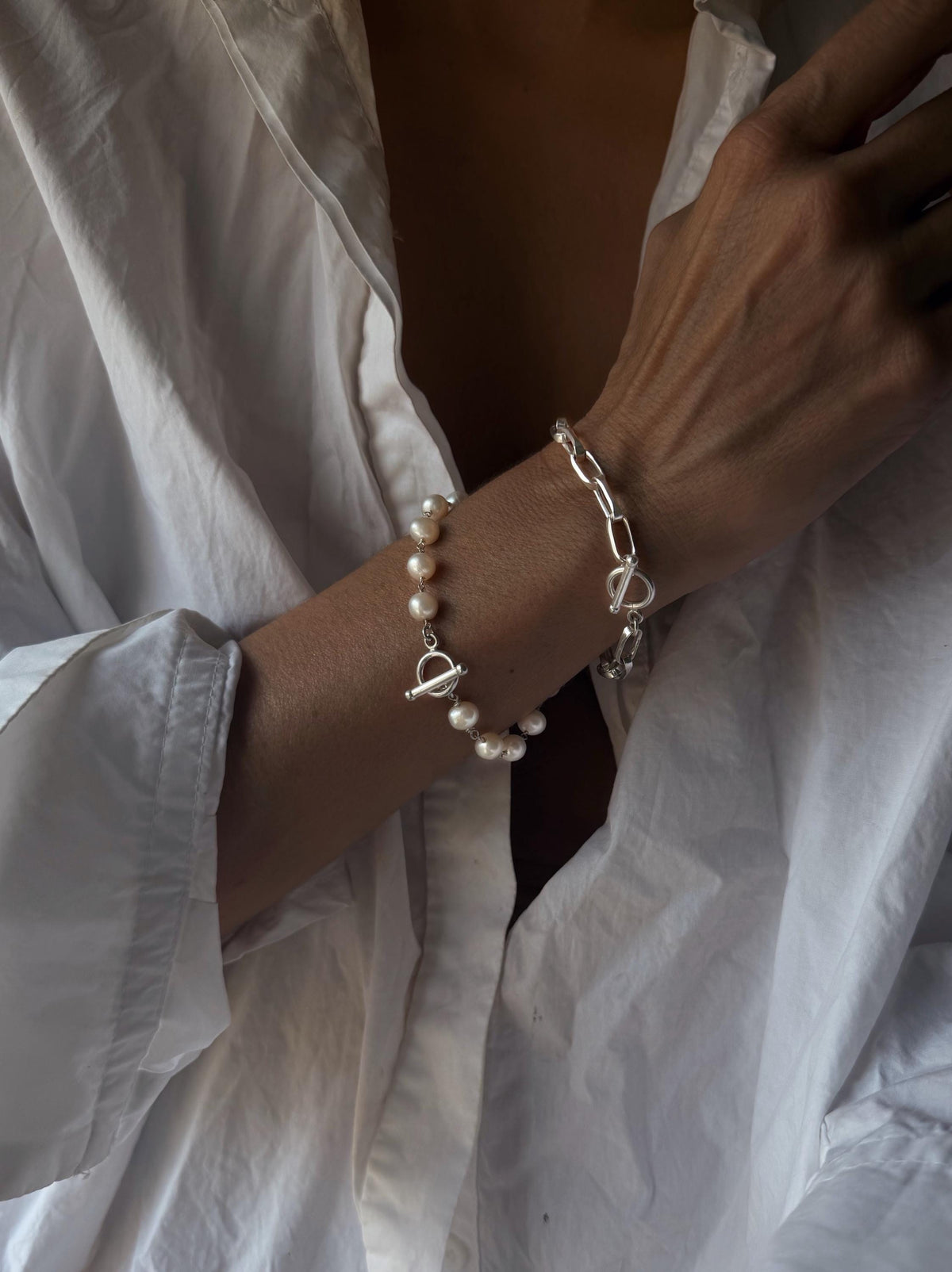 Pearl necklace with silver chain t bar clasps - KathyRossJewelry
